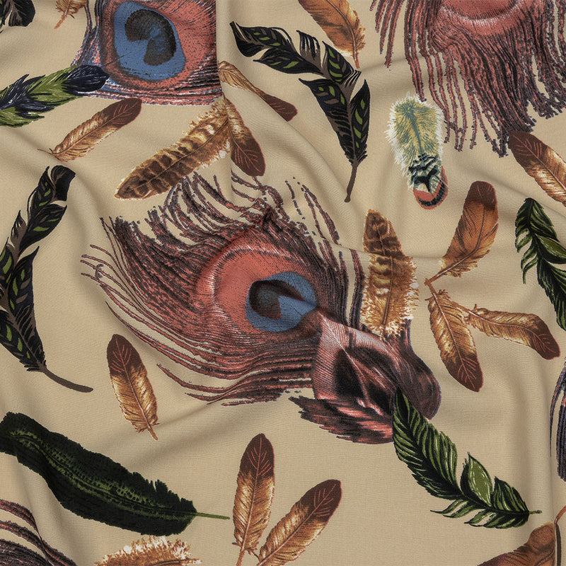 Beige, Red and Green Flying Feathers Polyester Woven