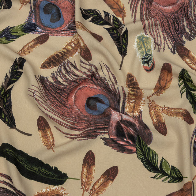 Beige, Red and Green Flying Feathers Polyester Woven