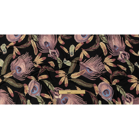 Black, Pink and Beige Flying Feathers Polyester Woven