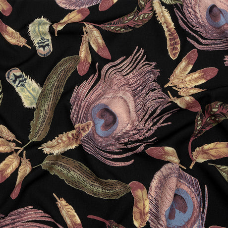 Black, Pink and Beige Flying Feathers Polyester Woven