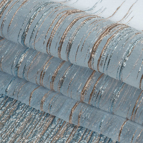 Metallic Rose Gold and Sky Blue Striated Lines Luxury Burnout Brocade
