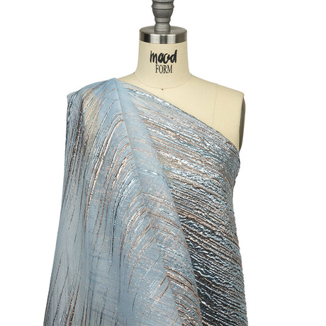 Metallic Rose Gold and Sky Blue Striated Lines Luxury Burnout Brocade