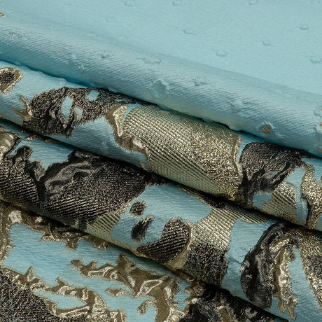 Metallic Golden Mist, Black and Sky Blue Spotted and Splattered Luxury Brocade