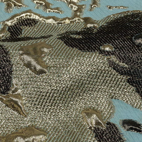 Metallic Golden Mist, Black and Sky Blue Spotted and Splattered Luxury Brocade