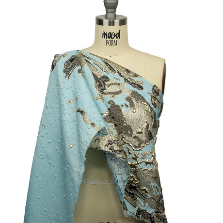 Metallic Golden Mist, Black and Sky Blue Spotted and Splattered Luxury Brocade