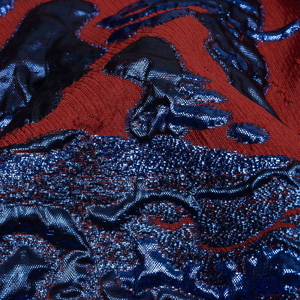 Metallic Diode Blue and Dark Red Spotted and Splattered Luxury Brocade