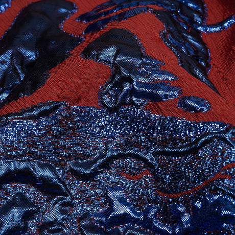 Metallic Diode Blue and Dark Red Spotted and Splattered Luxury Brocade