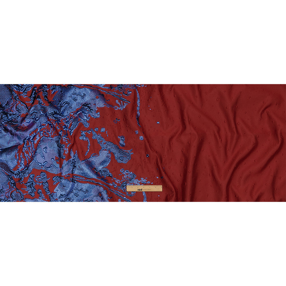 Metallic Diode Blue and Dark Red Spotted and Splattered Luxury Brocade