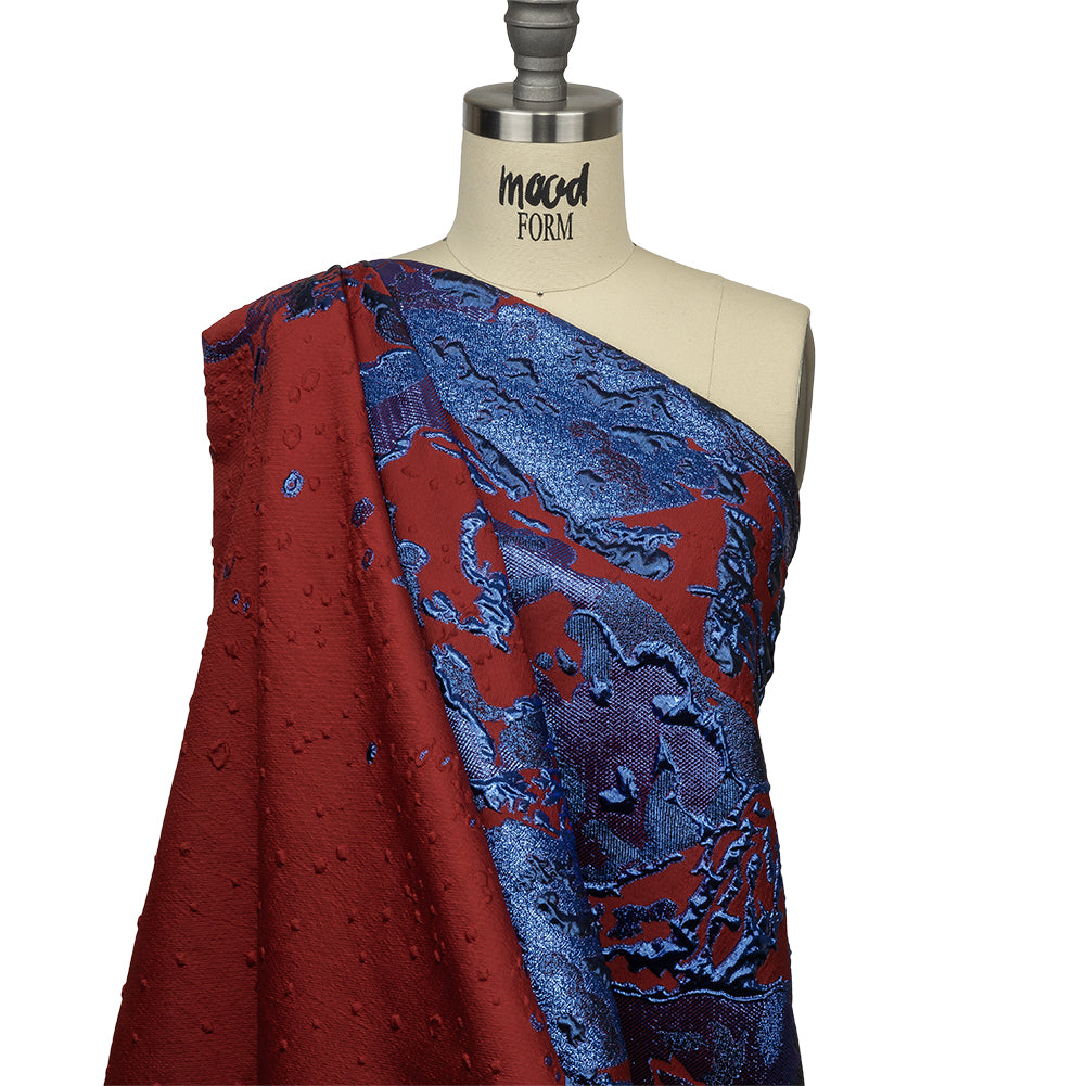 Metallic Diode Blue and Dark Red Spotted and Splattered Luxury Brocade