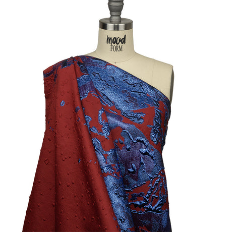 Metallic Diode Blue and Dark Red Spotted and Splattered Luxury Brocade