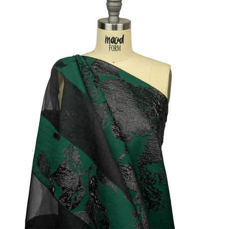 Metallic Black and Dark Green Floral Luxury Brocade with Sheer Stripes