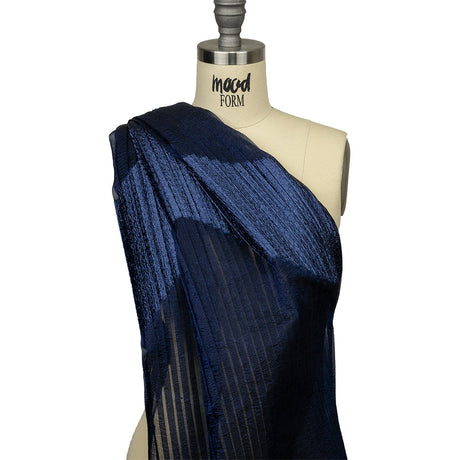 Metallic Navy Blue Waves Pleated Luxury Burnout Brocade