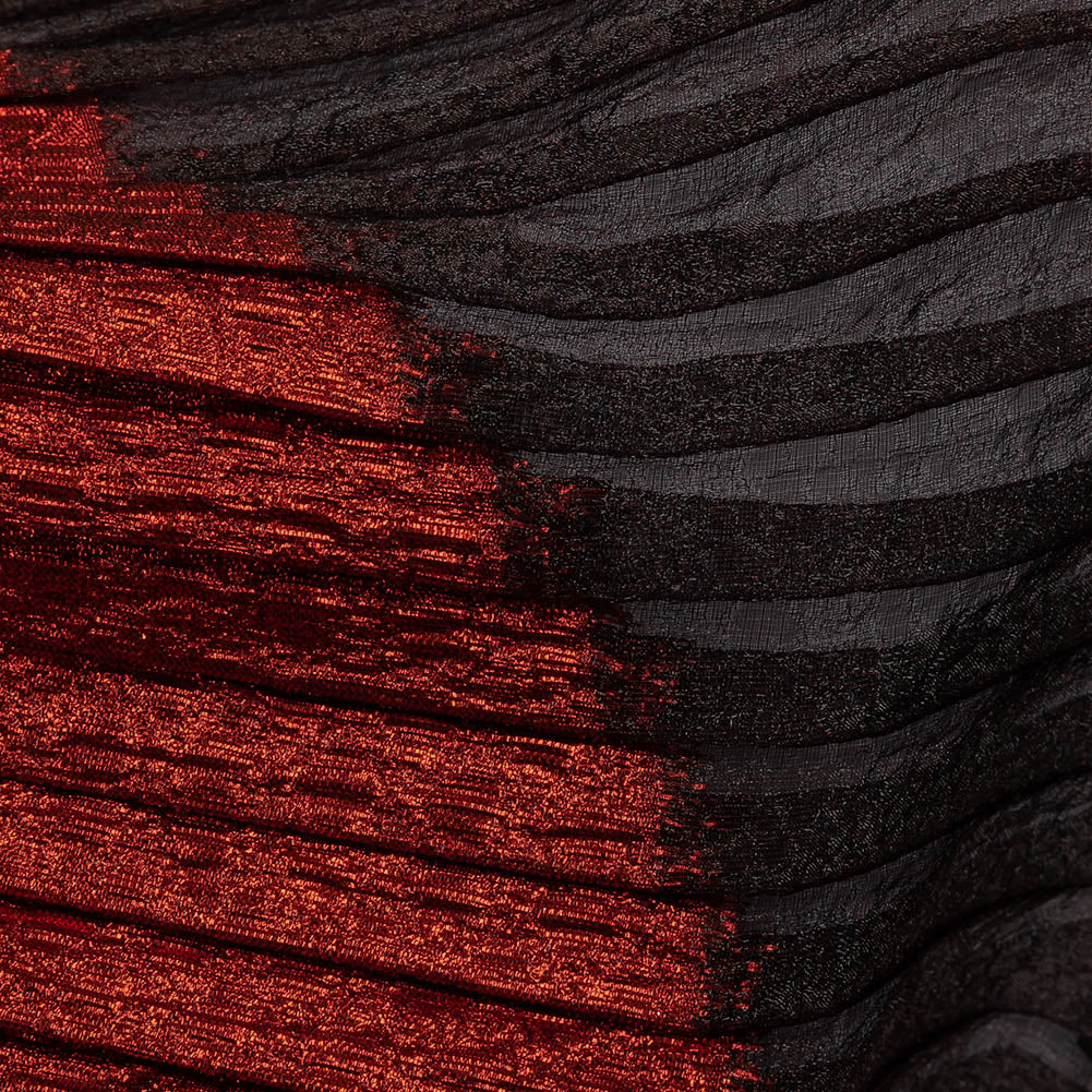Metallic Savvy Red and Black Waves Pleated Luxury Burnout Brocade