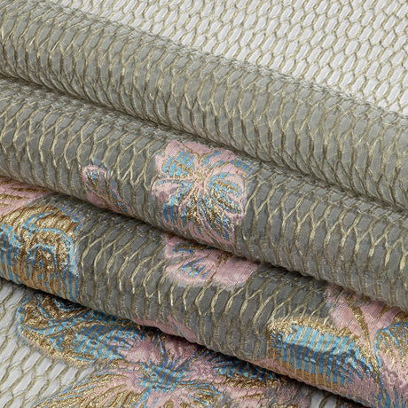 Metallic Bright Gold, Pink-a-boo and Bonnie Blue Florals and Latticework Sheer Luxury Brocade