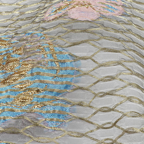 Metallic Bright Gold, Pink-a-boo and Bonnie Blue Florals and Latticework Sheer Luxury Brocade