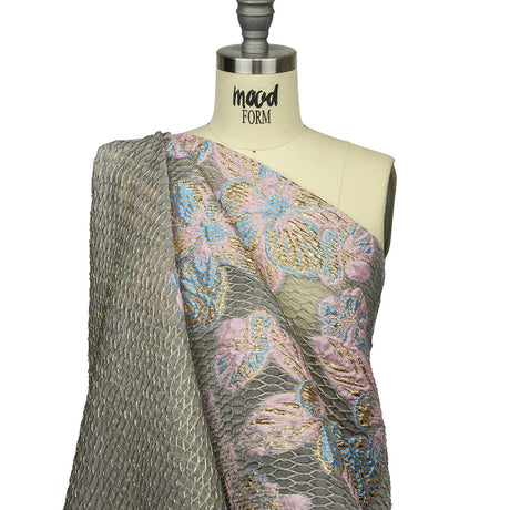 Metallic Bright Gold, Pink-a-boo and Bonnie Blue Florals and Latticework Sheer Luxury Brocade
