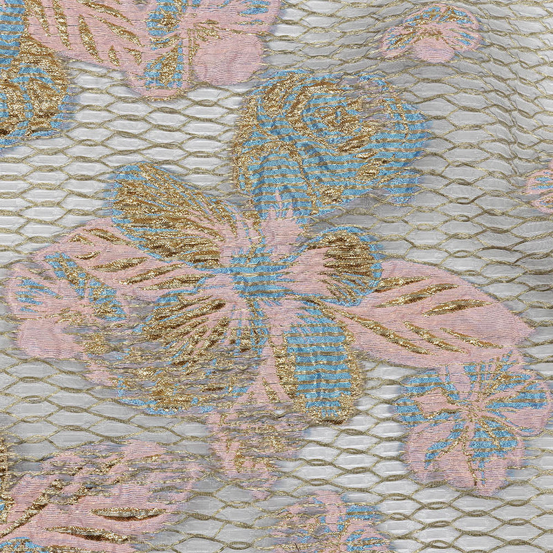 Metallic Bright Gold, Pink-a-boo and Bonnie Blue Florals and Latticework Sheer Luxury Brocade