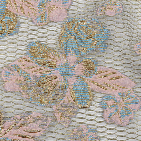 Metallic Bright Gold, Pink-a-boo and Bonnie Blue Florals and Latticework Sheer Luxury Brocade