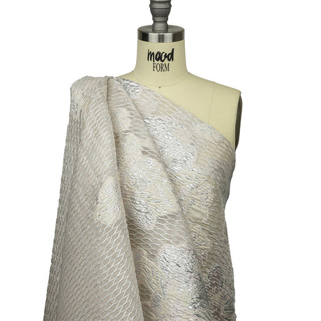 Metallic Silver, Petal Pink and Pearled Ivory Florals and Latticework Sheer Luxury Brocade