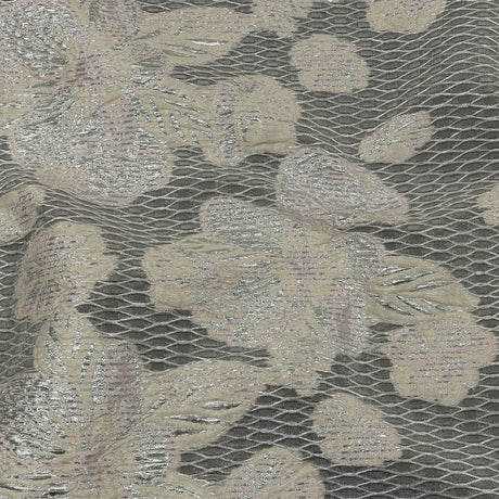 Metallic Silver, Petal Pink and Pearled Ivory Florals and Latticework Sheer Luxury Brocade