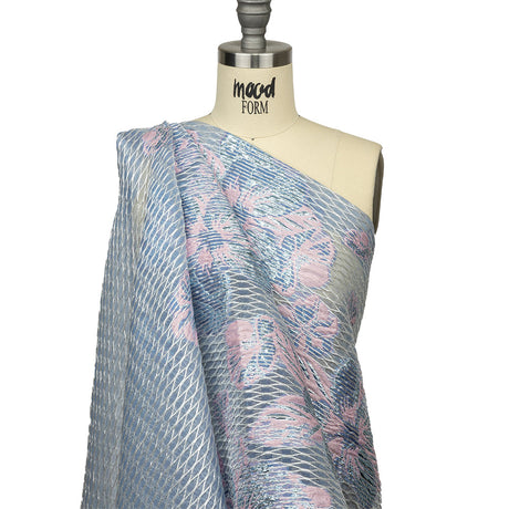 Metallic Silver, Candy Pink and Purple Rose Florals and Latticework Sheer Luxury Brocade