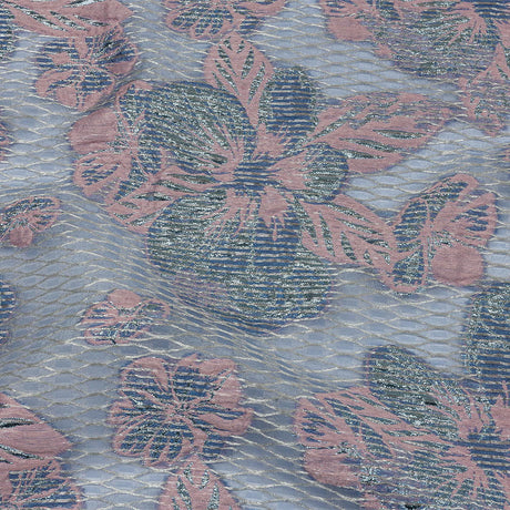 Metallic Silver, Candy Pink and Purple Rose Florals and Latticework Sheer Luxury Brocade