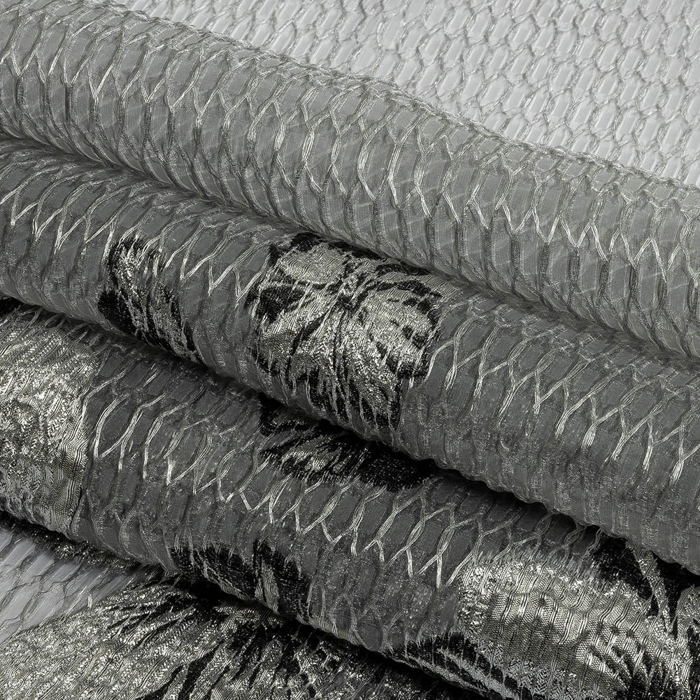 Metallic SIlver and Black Florals and Latticework Sheer Luxury Brocade
