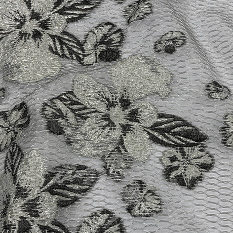 Metallic SIlver and Black Florals and Latticework Sheer Luxury Brocade