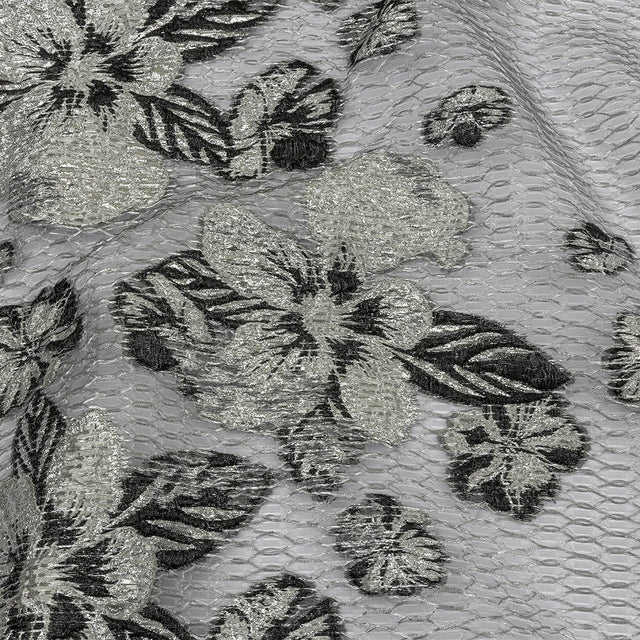 Metallic SIlver and Black Florals and Latticework Sheer Luxury Brocade