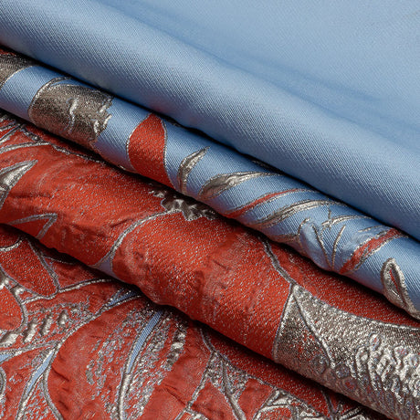 Metallic Silver, Coral and Blue Floral Luxury Brocade