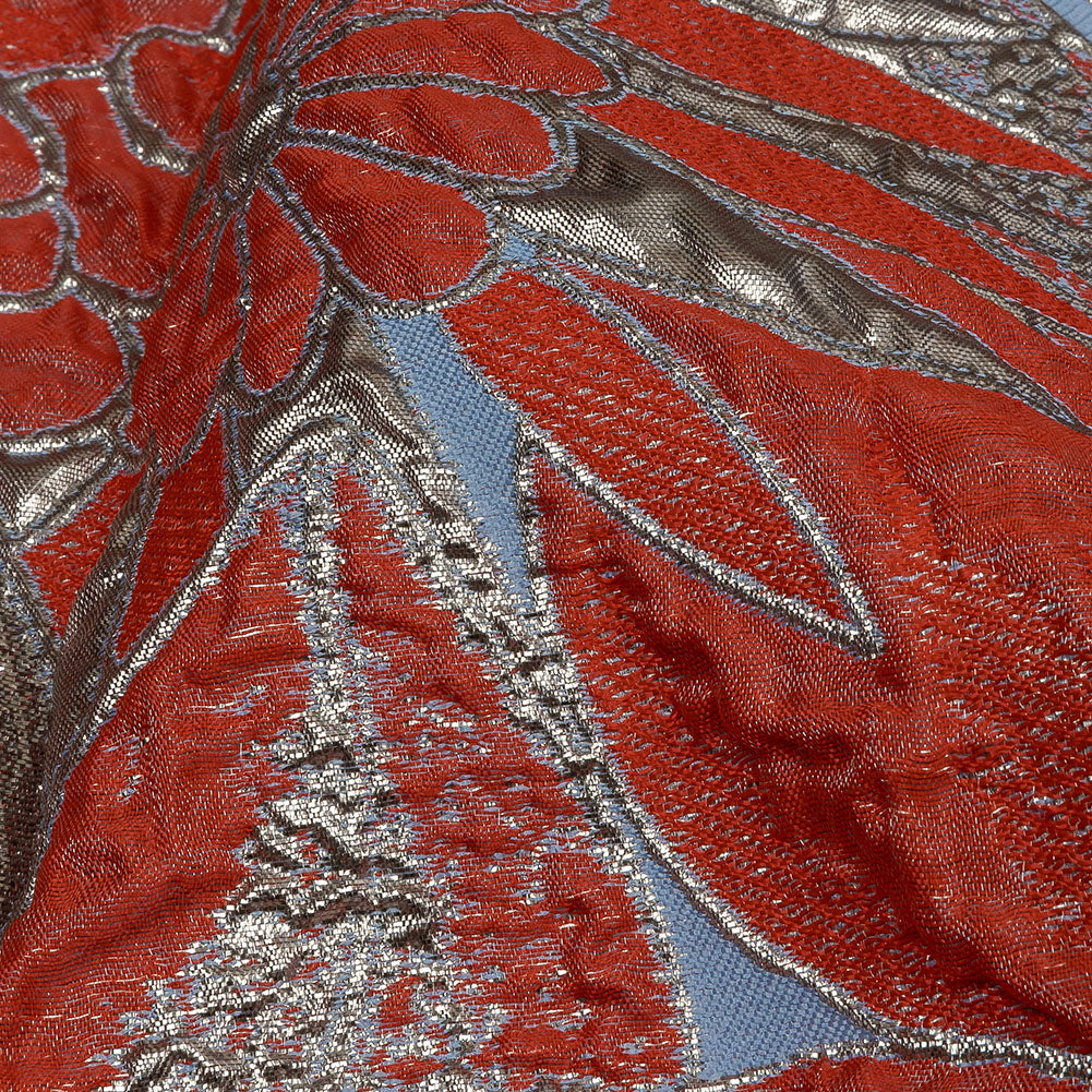 Metallic Silver, Coral and Blue Floral Luxury Brocade