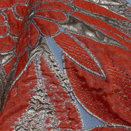 Metallic Silver, Coral and Blue Floral Luxury Brocade