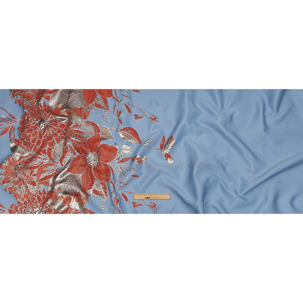 Metallic Silver, Coral and Blue Floral Luxury Brocade