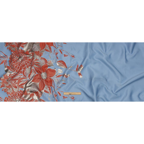 Metallic Silver, Coral and Blue Floral Luxury Brocade