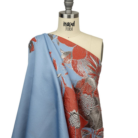 Metallic Silver, Coral and Blue Floral Luxury Brocade