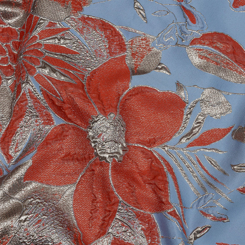 Metallic Silver, Coral and Blue Floral Luxury Brocade