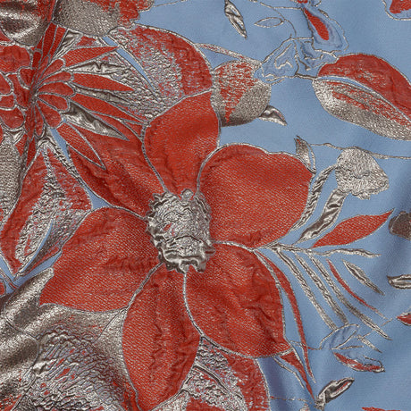 Metallic Silver, Coral and Blue Floral Luxury Brocade