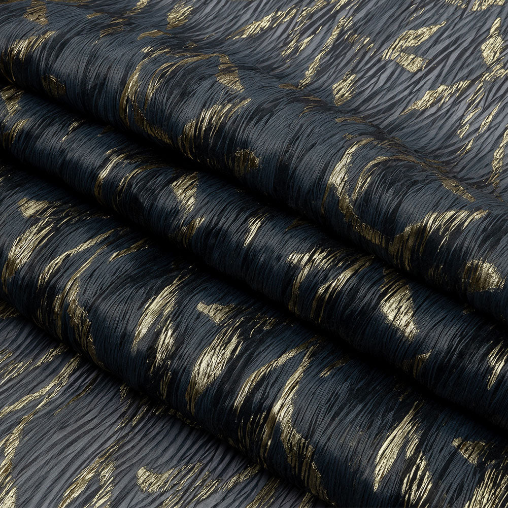 Metallic Gold and Steel Leafy Stems Luxury Plisse Brocade with Scalloped Edges