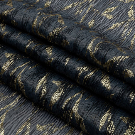Metallic Gold and Steel Leafy Stems Luxury Plisse Brocade with Scalloped Edges
