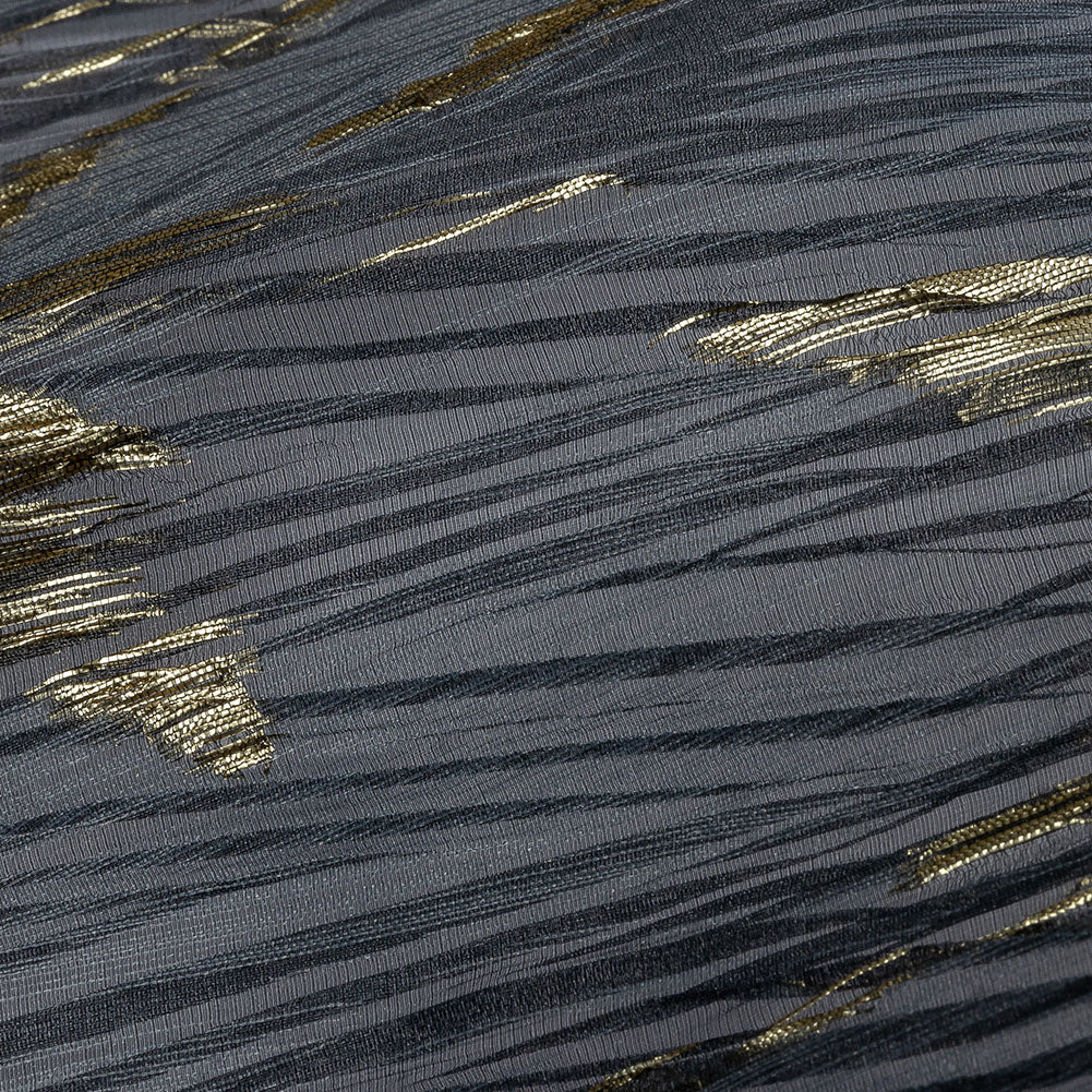 Metallic Gold and Steel Leafy Stems Luxury Plisse Brocade with Scalloped Edges