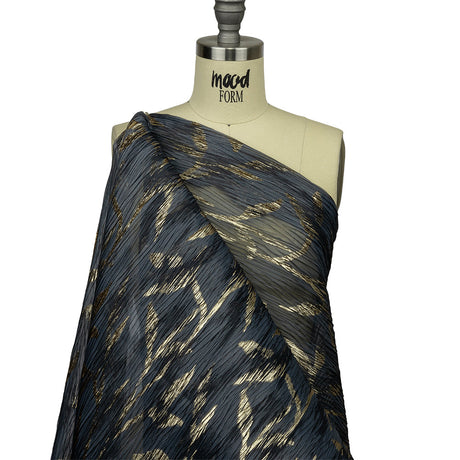 Metallic Gold and Steel Leafy Stems Luxury Plisse Brocade with Scalloped Edges