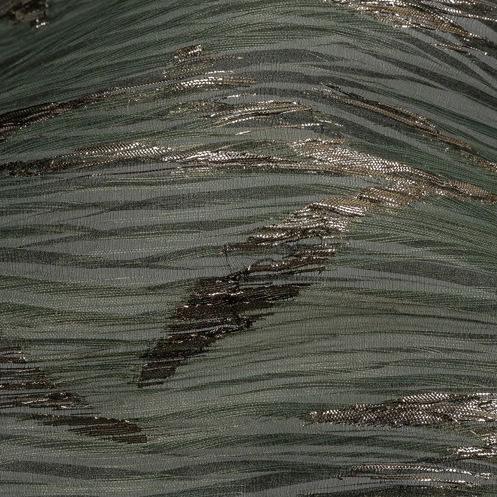 Metallic Gold and Satin Moss Leafy Stems Luxury Plisse Brocade with Scalloped Edges