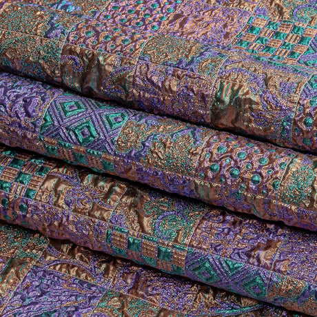 Metallic Patrician Purple, Teal Green and Gold Earth Patchwork Luxury Brocade