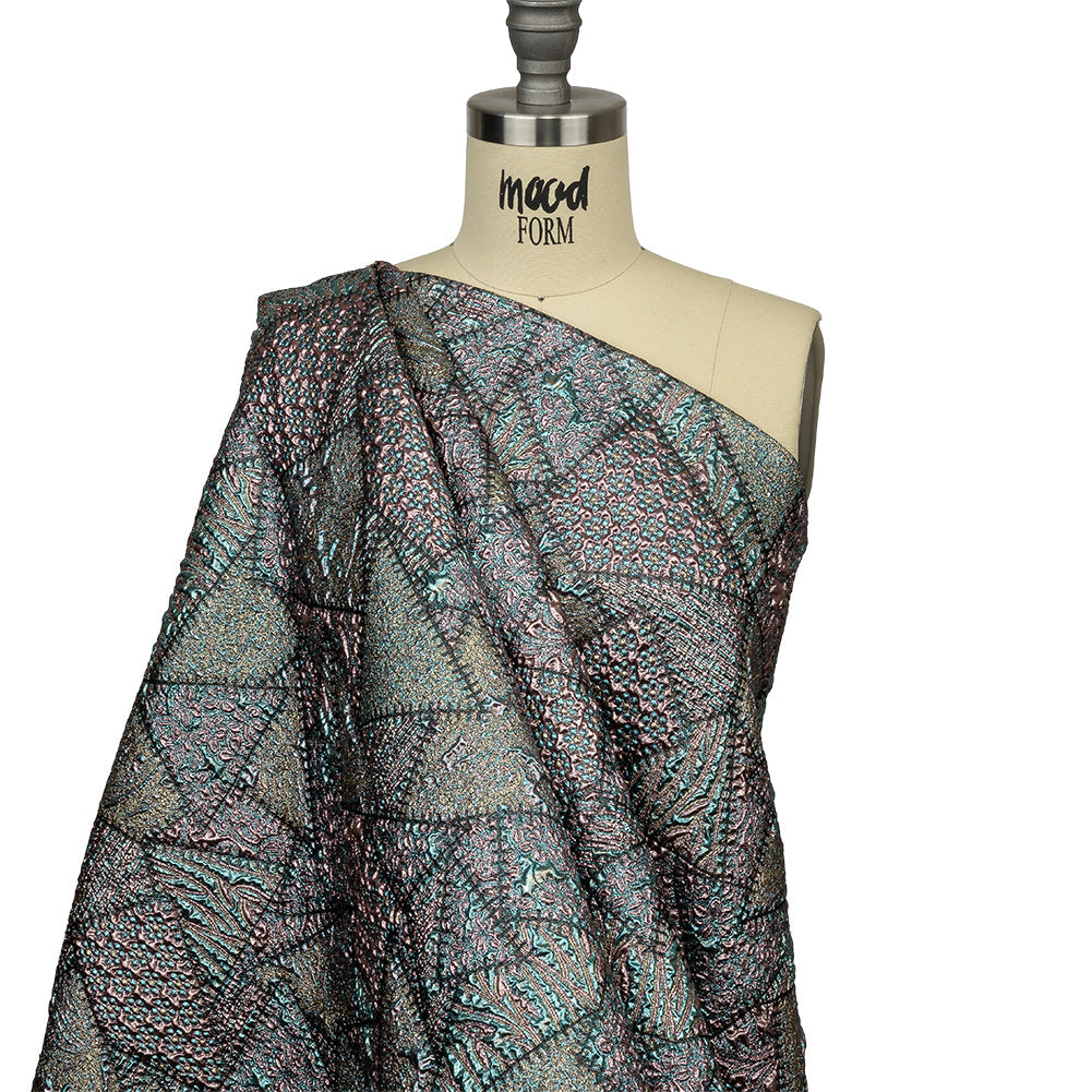 Metallic Rose Gold, Air Blue and Cream Gold Crazy Quilt Patchwork Luxury Brocade