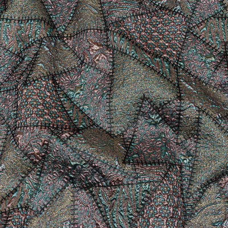 Metallic Rose Gold, Air Blue and Cream Gold Crazy Quilt Patchwork Luxury Brocade