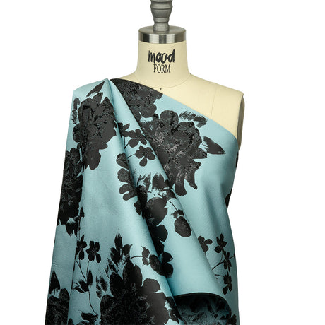 Metallic Black and Blue Fog Floral Luxury Brocade