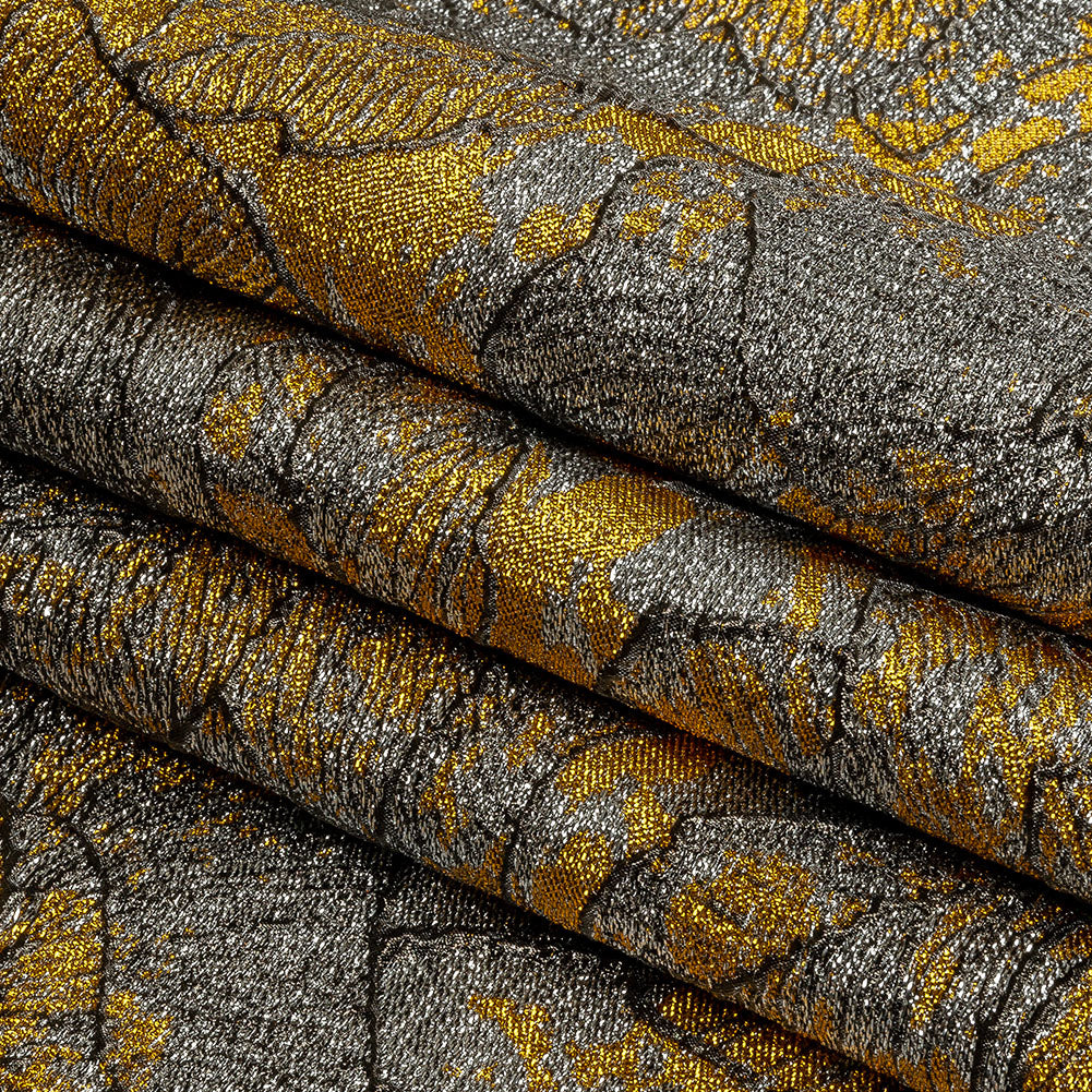 Metallic Silver, Black and Golden Yellow Rose Garden Linework Luxury Brocade