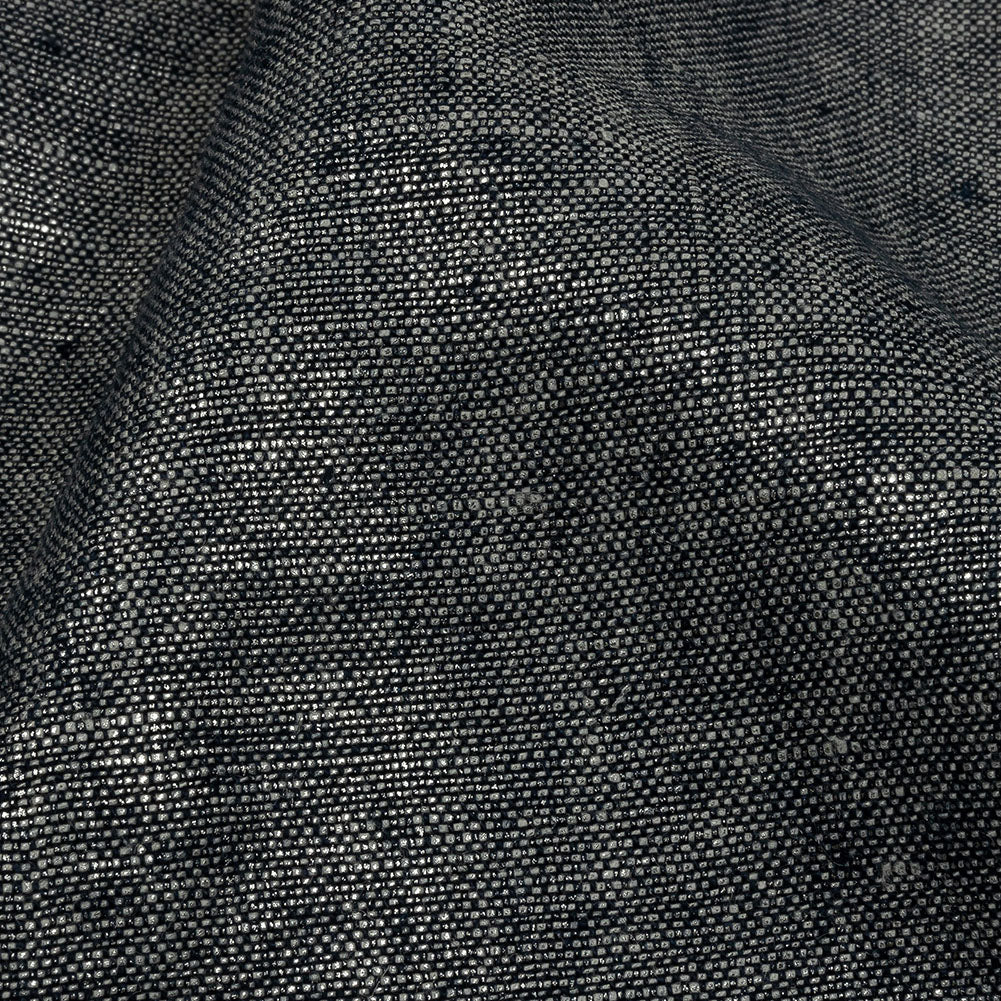 Metallic Silver and True Navy Foiled Medium Weight Linen Woven