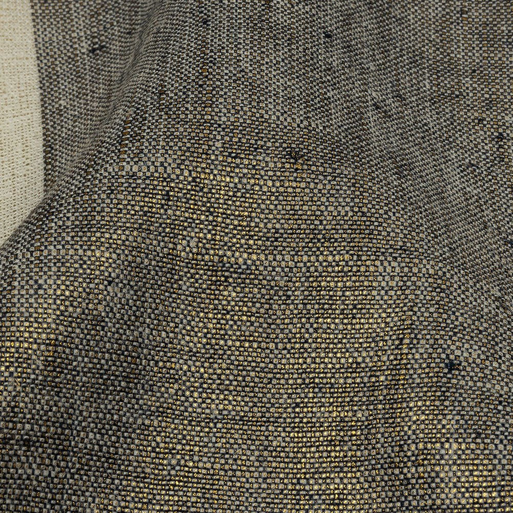 Navy and Tofu Awning Striped Medium Weight Linen Woven with Gold Foil