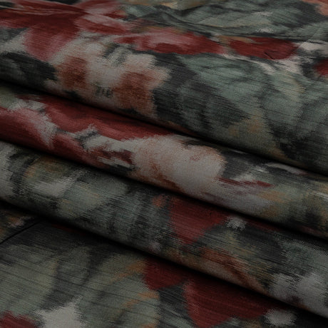 Italian Goth Red, Green and Gray Warp Printed Rose Garden Polyester Faille